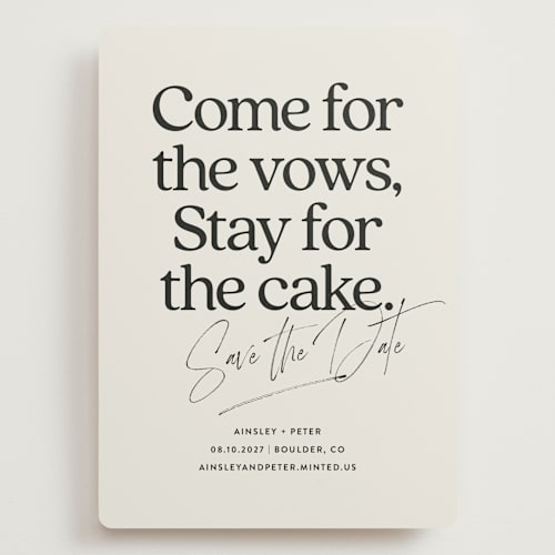 This is a dark chocolate save the date with standard by Jackie Crawford called stay for cake printing on signature in grand