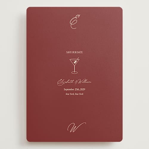 This is a burgundy save the date with standard by Helena Vitto called elizabeth printing on signature in grand