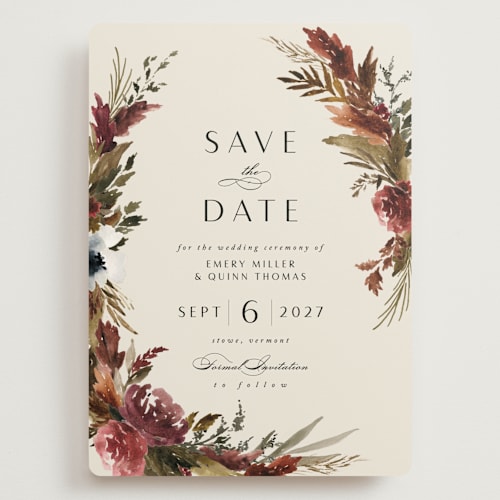 This is a autumn save the date with standard by Kate Ahn called poetique printing on signature in grand