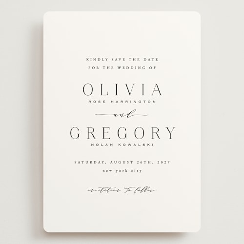 This is a lily save the date with standard by Hooray Creative called classy type printing on signature in grand