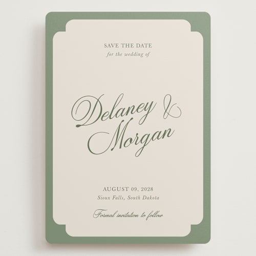 This is a olive save the date with standard by Cass Loh called classic bold border printing on signature in grand