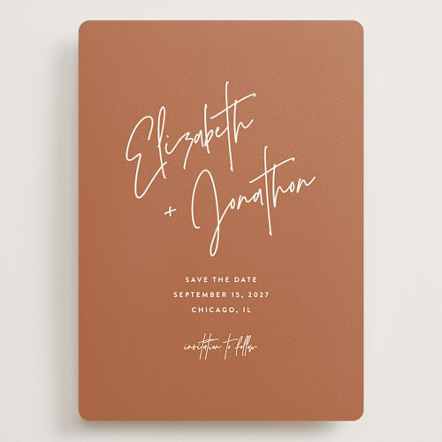 This is a rust save the date with standard by JoAnn Jinks called marked printing on signature in grand