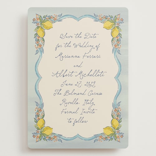 This is a aqua save the date with standard by Chris Griffith called amalfi coast wedding printing on signature in grand