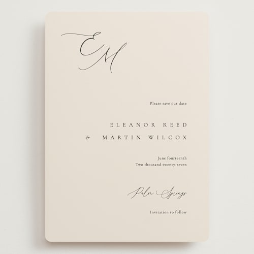 This is a linen save the date with standard by Kelly Schmidt called corner printing on signature in grand