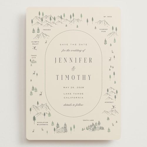 This is a cream save the date with standard by Sherley Ferreira called tahoe lake printing on signature in grand