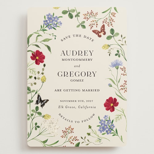 This is a elder flower save the date with standard by Sarah Knight called wild meadow printing on signature in grand