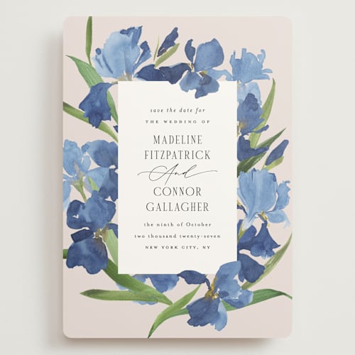 This is a natural save the date with standard by Everett Paper Goods called irises printing on signature in grand