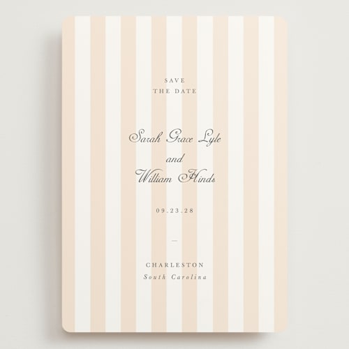This is a peach save the date with standard by Sara Hicks Malone called awning stripe printing on signature in grand