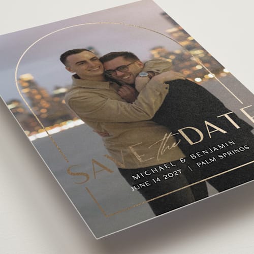 This is a cloud petite save the dates with foil pressed by silverscreen studio called deco arch printing on recycled smooth signature in petite