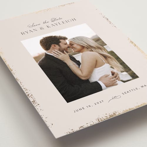 This is a pearl petite save the dates with foil pressed by Itsy Belle Studio called gilde edge printing on recycled smooth signature in petite