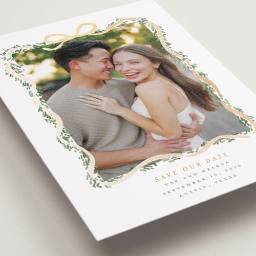 This is a butter petite save the dates with foil pressed by Itsy Belle Studio called ribbonly frame printing on recycled smooth signature in petite