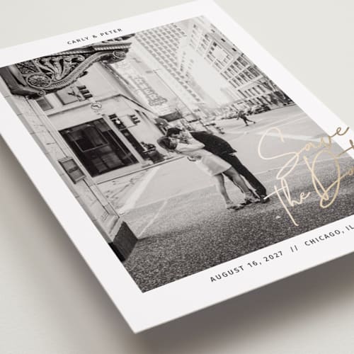 This is a midnight petite save the dates with foil pressed by Inkblot Design called metro printing on recycled smooth signature in petite