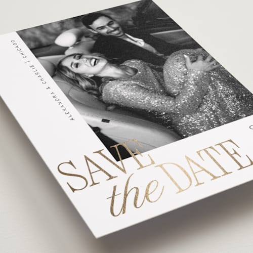 This is a pearl petite save the dates with foil pressed by Melanie Kosuge called right side printing on recycled smooth signature in petite
