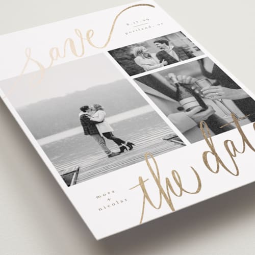 This is a veil petite save the dates with foil pressed by Elsa Duncan called tri-photo save the date printing on recycled smooth signature in petite
