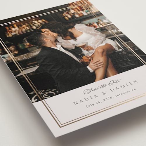 This is a linen petite save the dates with foil pressed by Nicole Walsh called shimmer printing on recycled smooth signature in petite