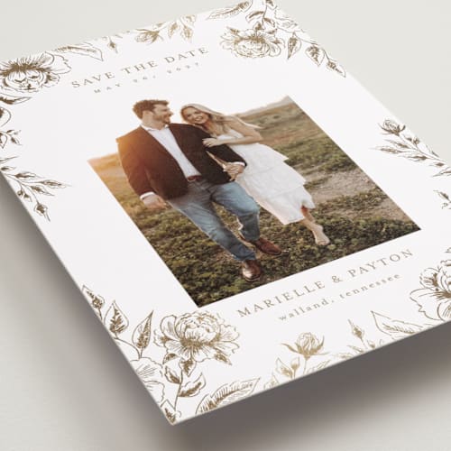 This is a wheat petite save the dates with foil pressed by Chris Griffith called wildflower date printing on recycled smooth signature in petite
