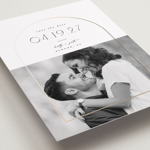 This is a cotton petite save the dates with foil pressed by Everett Paper Goods called inverse printing on recycled smooth signature in petite