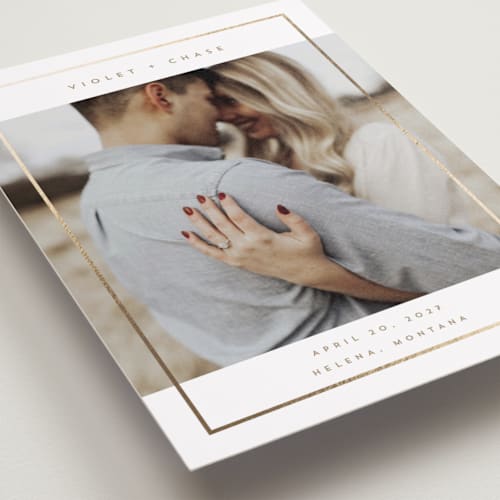 This is a latte petite save the dates with foil pressed by Rebecca Durflinger called contempo frame printing on recycled smooth signature in petite