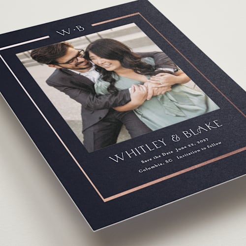 This is a ocean petite save the dates with foil pressed by Stacey Meacham called luster printing on recycled smooth signature in petite