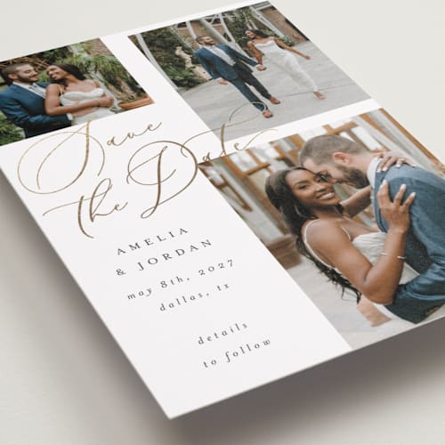 This is a snow petite save the dates with foil pressed by AK Graphics called whimsy printing on recycled smooth signature in petite