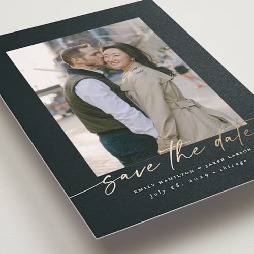 This is a midnight petite save the dates with foil pressed by Nicole Walsh called wrapped printing on recycled smooth signature in petite