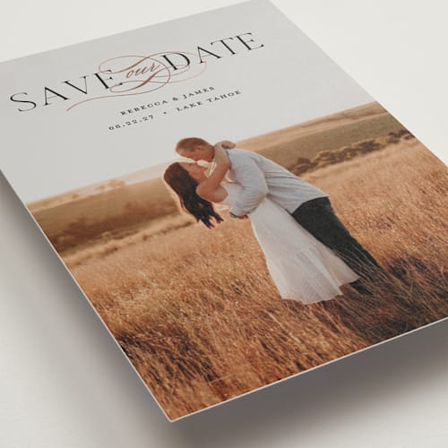 This is a noir petite save the dates with foil pressed by Pixel and Hank called melody printing on recycled smooth signature in petite