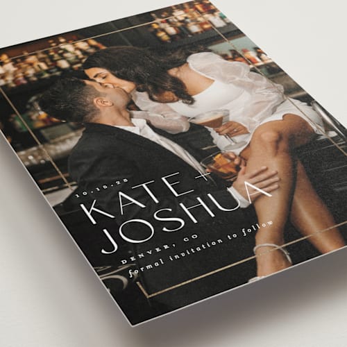 This is a pearl petite save the dates with foil pressed by Brooke Chandler called surround printing on recycled smooth signature in petite