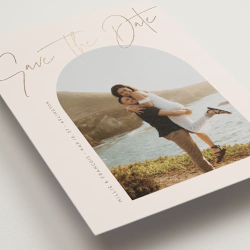 This is a cream petite save the dates with foil pressed by chocomocacino called ponche a creme printing on recycled smooth signature in petite