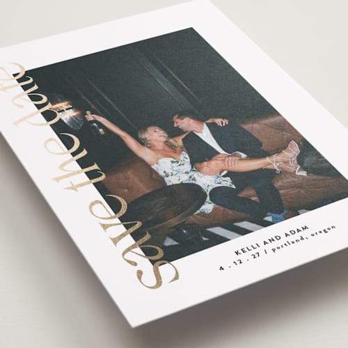 This is a pearl petite save the dates with foil pressed by Roxy Cervantes called cover page printing on recycled smooth signature in petite