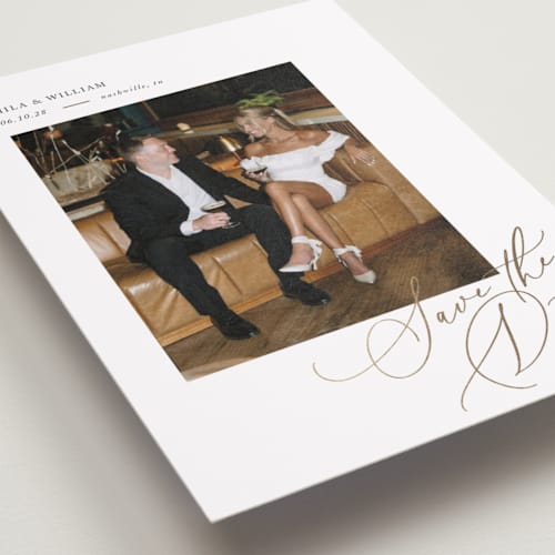 This is a pearl petite save the dates with foil pressed by Melanie Kosuge called side swept printing on recycled smooth signature in petite