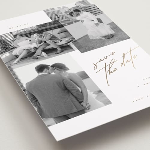 This is a cognac petite save the dates with foil pressed by Kristie Kern called forte printing on recycled smooth signature in petite