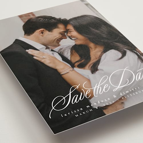 This is a pearl petite save the dates with standard by Lea Delaveris called lovely day printing on recycled smooth signature in petite