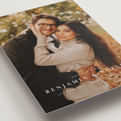 This is a cloud petite save the dates with standard by Wildfield Paper Co called the classic printing on recycled smooth signature in petite