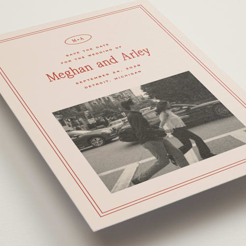 This is a cherry petite save the dates with standard by Ellen Schlegelmilch called cherry printing on recycled smooth signature in petite