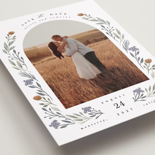 This is a rust petite save the dates with standard by Hannah Williams called floral arch printing on recycled smooth signature in petite