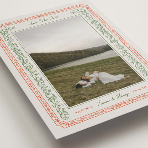This is a vintage petite save the dates with standard by Elly called romantic floral printing on recycled smooth signature in petite