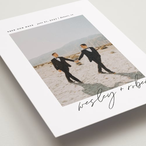 This is a silk petite save the dates with standard by Kelly Schmidt called horizon printing on recycled smooth signature in petite