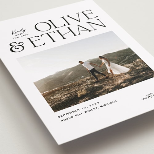 This is a pearl petite save the dates with standard by Owl and Toad called casual printing on recycled smooth signature in petite