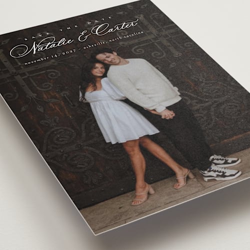This is a sugar petite save the dates with standard by Jessica Williams called tranquil printing on recycled smooth signature in petite