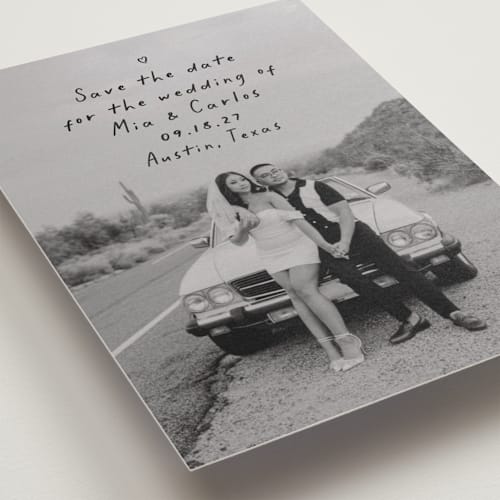This is a noir petite save the dates with standard by Olivia Raufman called noted printing on recycled smooth signature in petite