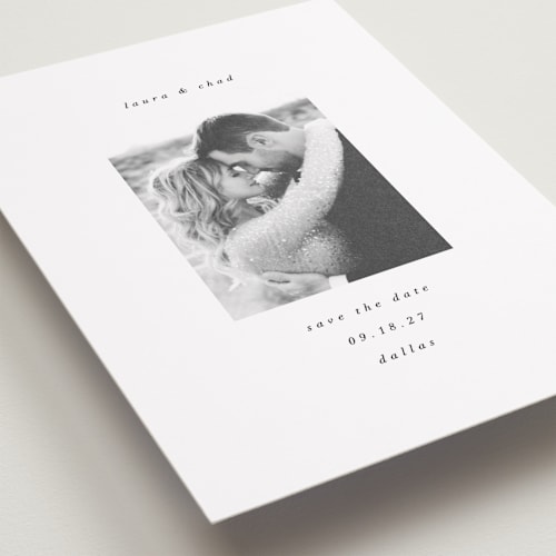 This is a snow petite save the dates with standard by AK Graphics called understated elegance printing on recycled smooth signature in petite