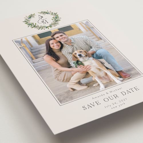 This is a ecru petite save the dates with standard by Susan Moyal called classic monogram printing on recycled smooth signature in petite