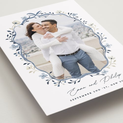 This is a french blue petite save the dates with standard by Sarah Knight called parisian ribbon printing on recycled smooth signature in petite