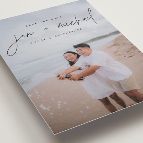 This is a noir petite save the dates with standard by JoAnn Jinks called penned printing on recycled smooth signature in petite
