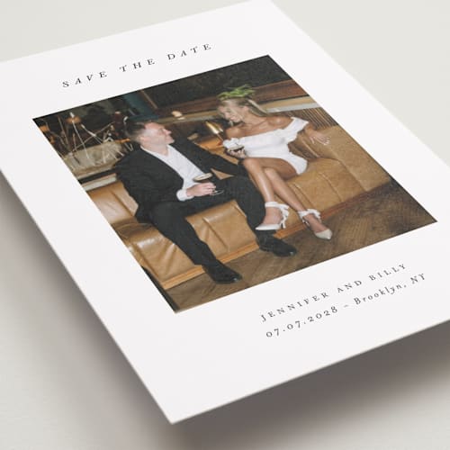 This is a chantilly petite save the dates with standard by Pippa Shaw called espresso printing on recycled smooth signature in petite