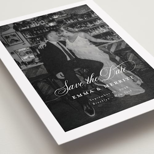 This is a ivory petite save the dates with standard by Benita Crandall called the classic printing on recycled smooth signature in petite