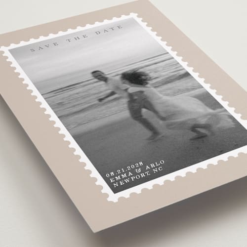 This is a taupe petite save the dates with standard by Claire called stamp printing on recycled smooth signature in petite