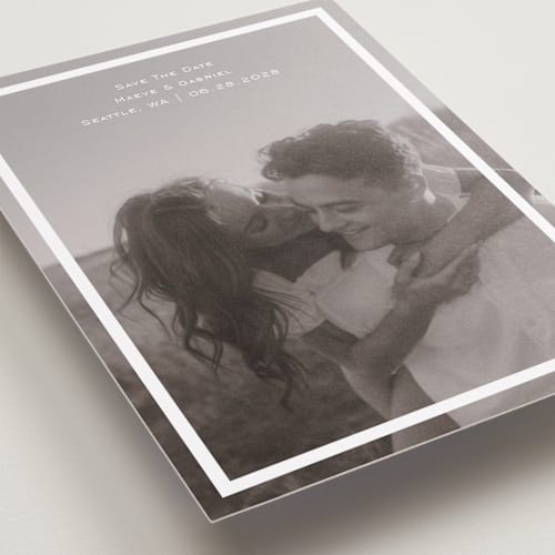This is a quartz petite save the dates with standard by Jenny Millington called boxed in printing on recycled smooth signature in petite