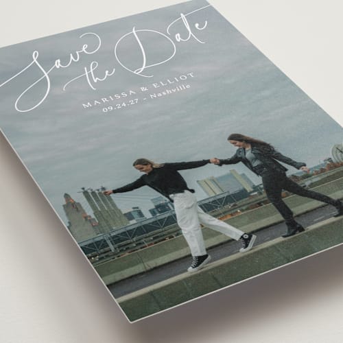 This is a pearl petite save the dates with standard by Kaydi Bishop called on the horizon printing on recycled smooth signature in petite