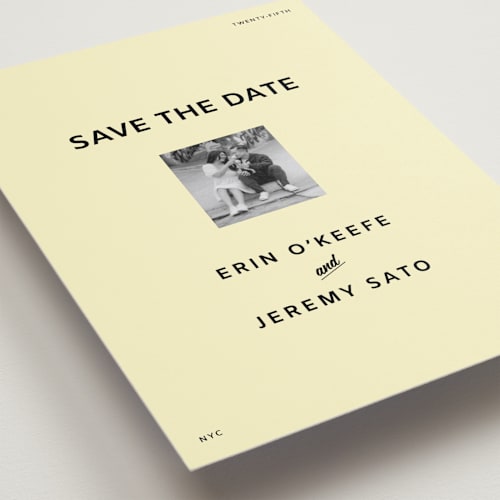 This is a butter petite save the dates with standard by Studio Suku called courthouse printing on recycled smooth signature in petite